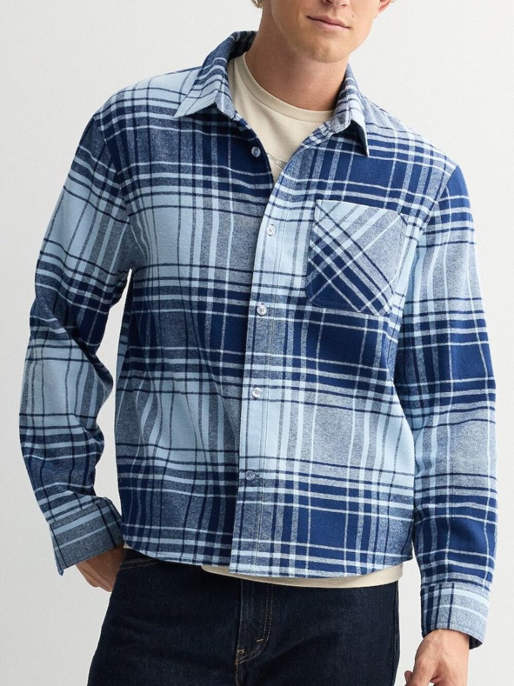 Retrofit Blue Plaid Long Sleeve Button Down Flannel Classic Men's Shirt SZ L
